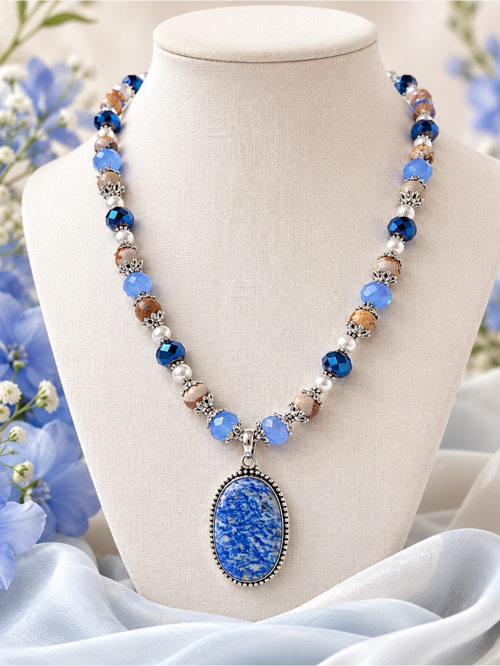 Picture Jasper,Faceted Crystals & Pearls Necklace with 925 Sodalite Pendant 21”